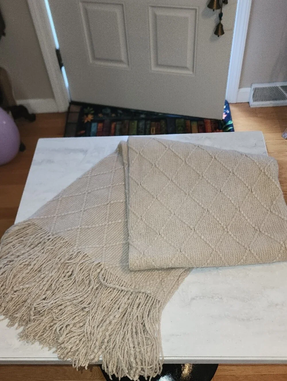 Soft Diamond Knit Fringe Throw Blanket - Tan 52x60